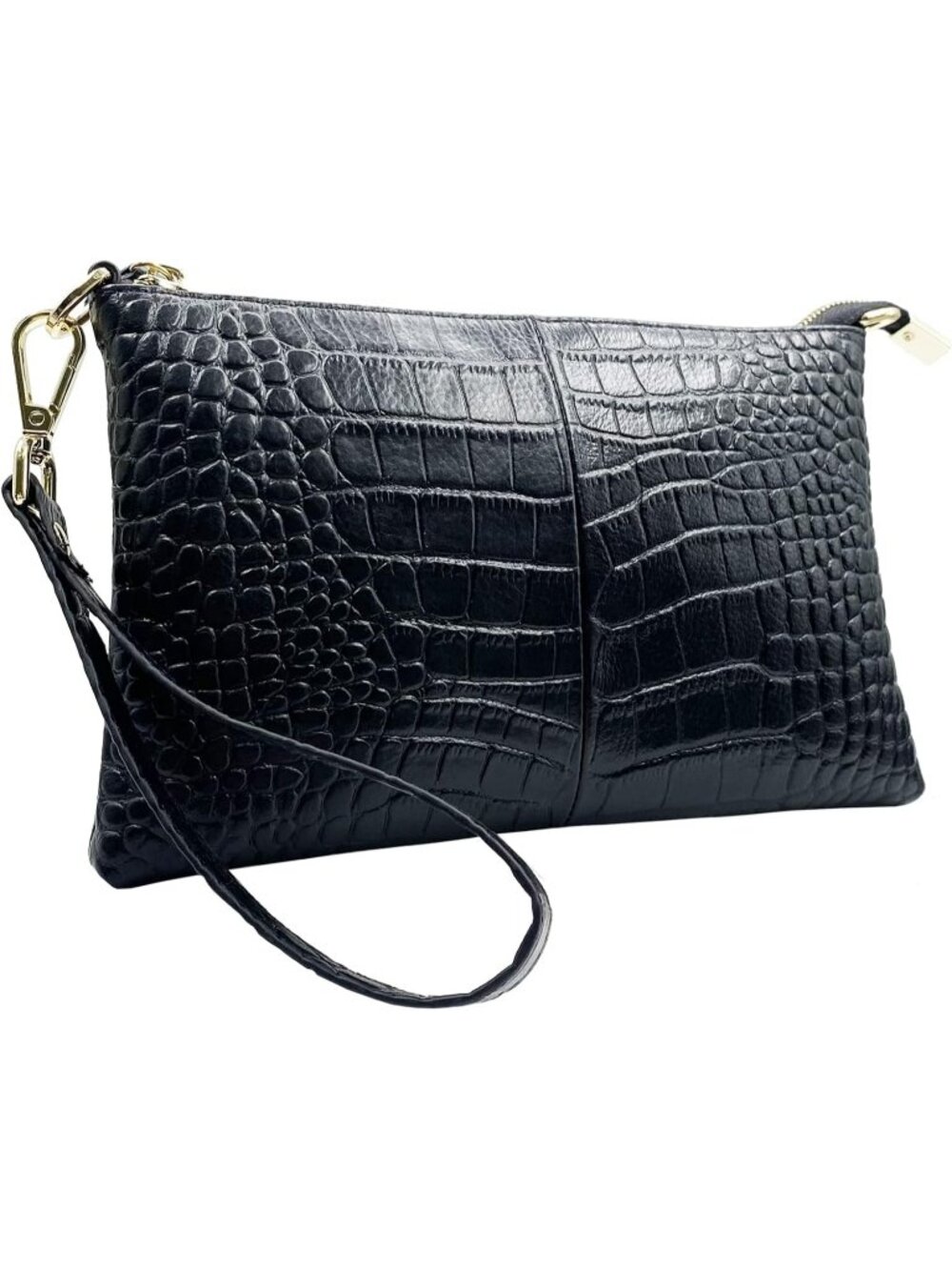 Women's Crocodile Black Leather Clutch Purse Wristlet Wallet Small Crossbody Bag